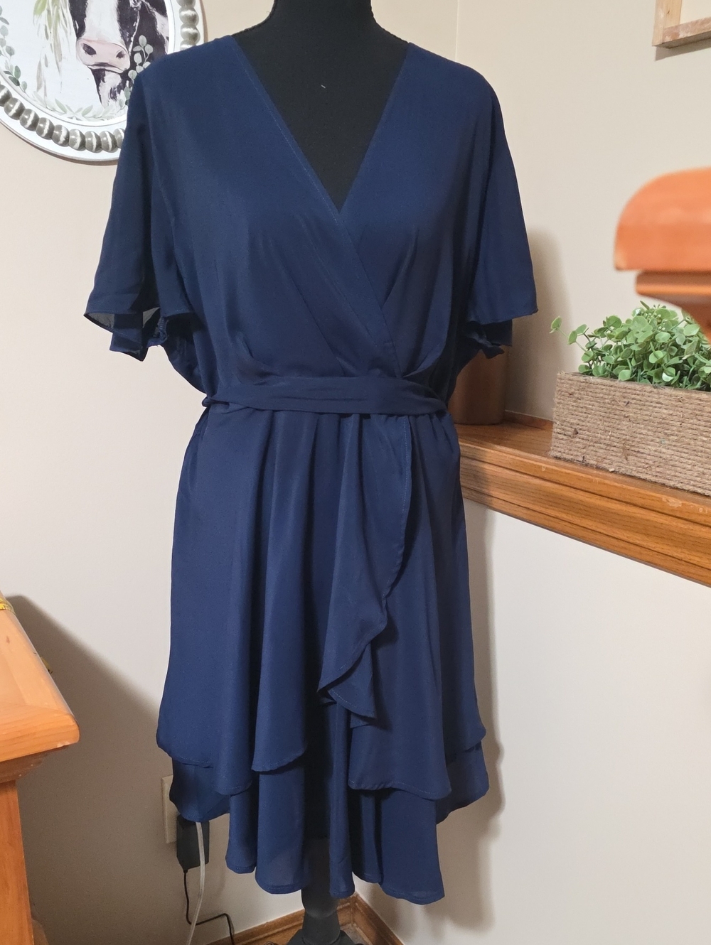 Navy Wrap Midi Dress with Ruffle Hem